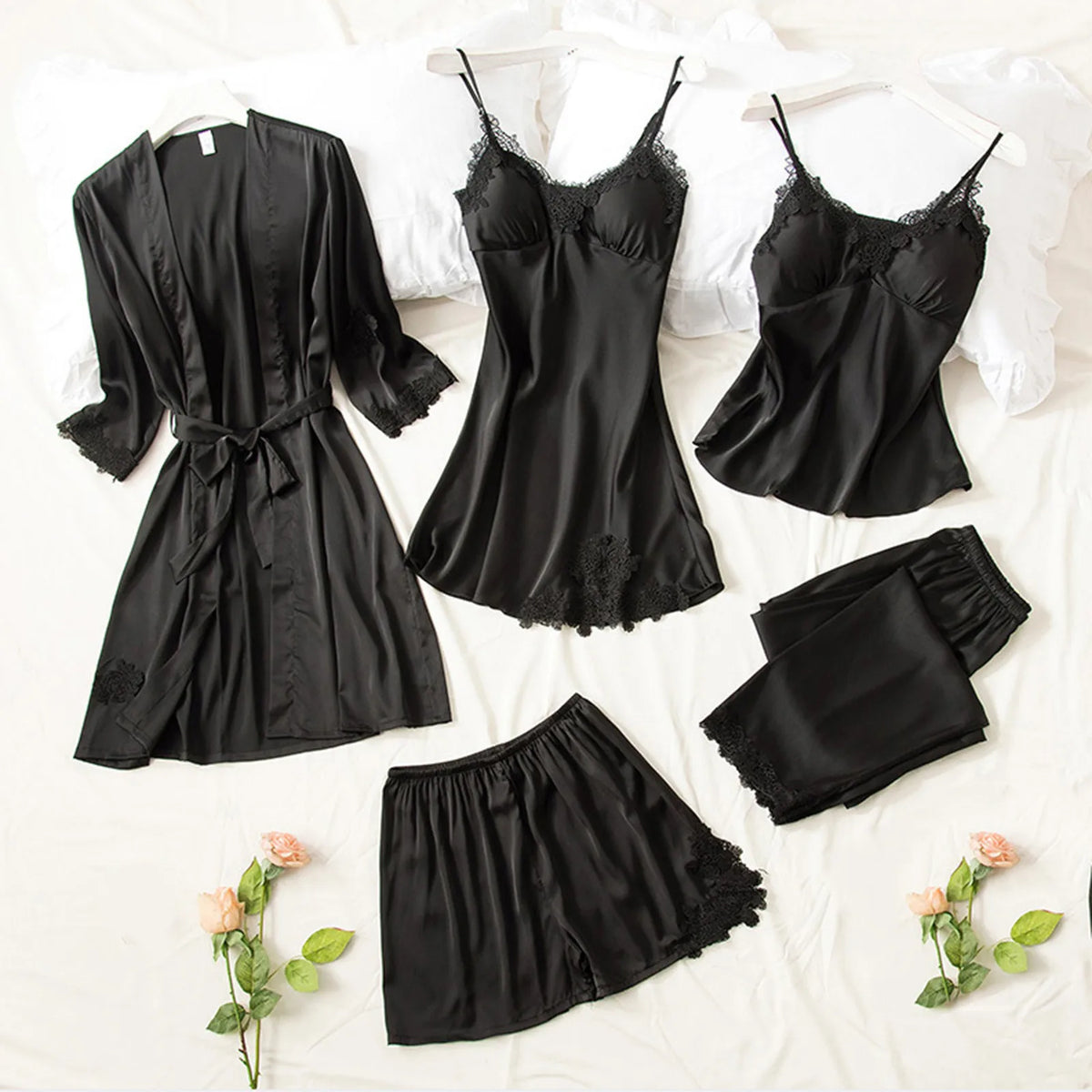 Elegant 5-Piece Burgundy Satin-Finish Sleepwear Collection with Delicate Lace Trim