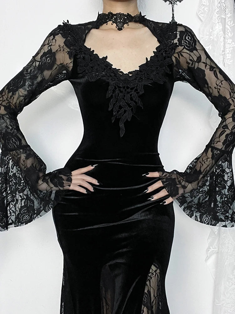 Velvet Gothic Mermaid Dress with Lace Panels and Alternative Elegance