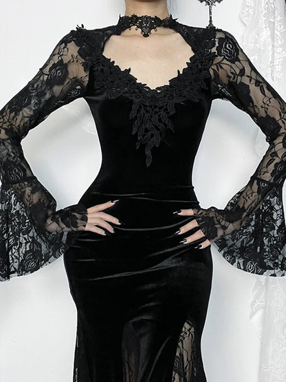 Velvet Gothic Mermaid Dress with Lace Panels and Alternative Elegance