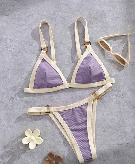 Textured Taupe Bikini with Contrast White Piping and Hardware Accents