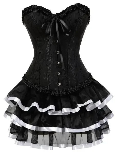 Ruffle Hem Overbust Corset Dress with Lace-Up Front and Layered Skirt