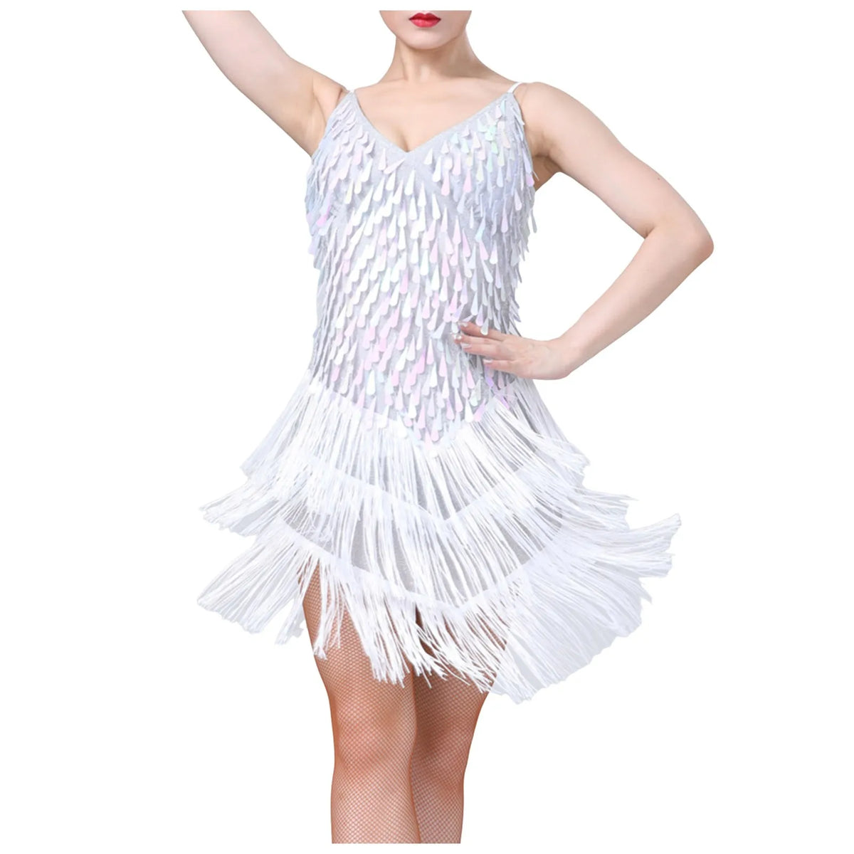 Dazzling White Sequin and Tassel Fringe Mini Dress with V-Neckline
