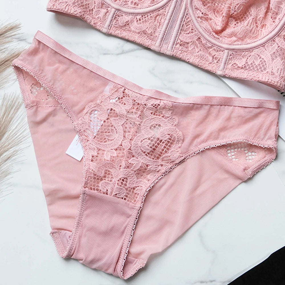 Dusty Rose Floral Lace Longline Underwire Lingerie Set
