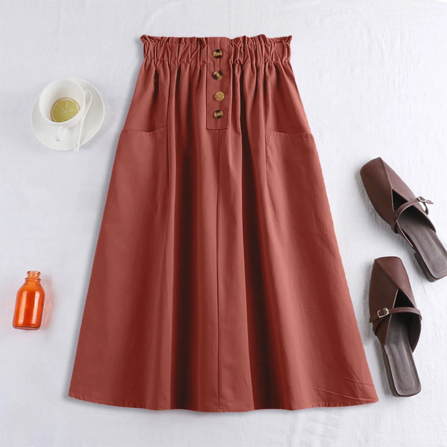 Elastic Waist A-Line Midi Skirt with Functional Side Pockets