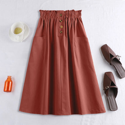 Elastic Waist A-Line Midi Skirt with Functional Side Pockets