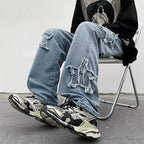 Men's Relaxed Wide Leg Denim Jeans with Star Patch Detail and Streetwear Style