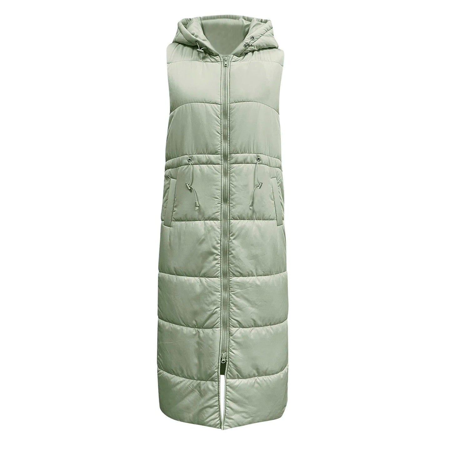 Women's Long Hooded Quilted Puffer Vest Relaxed Casual Winter Layering Outerwear