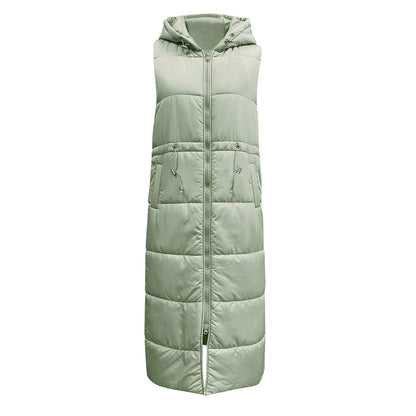Women's Long Hooded Quilted Puffer Vest Relaxed Casual Winter Layering Outerwear