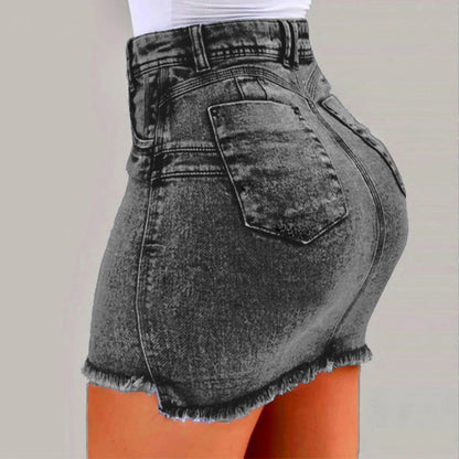 High Rise Distressed Edge Denim Mini Skirt With Clean Street Fit