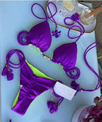 Soft Periwinkle Triangle Bikini Set with Two-Tone Twisted Rope and Tassel Details