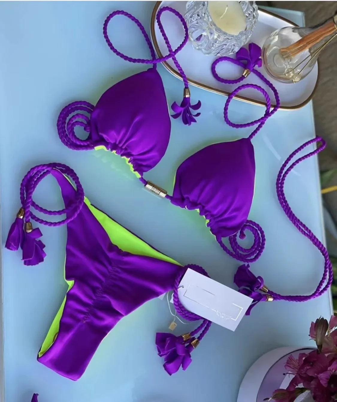 Soft Periwinkle Triangle Bikini Set with Two-Tone Twisted Rope and Tassel Details