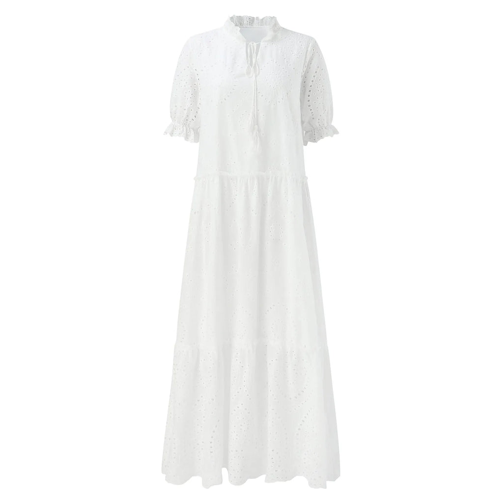 Crochet Texture Tiered Maxi Dress with Relaxed Vacation Silhouette