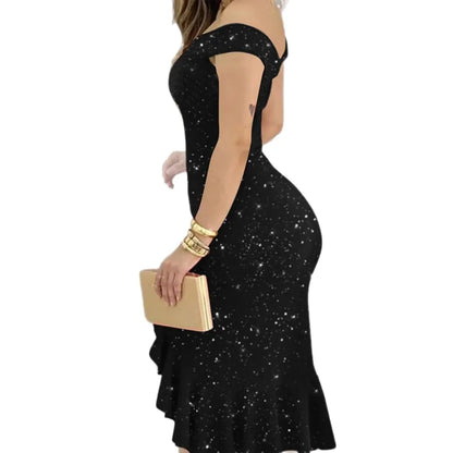Off Shoulder Sequin Gothic Party Midi Dress With Side Slit