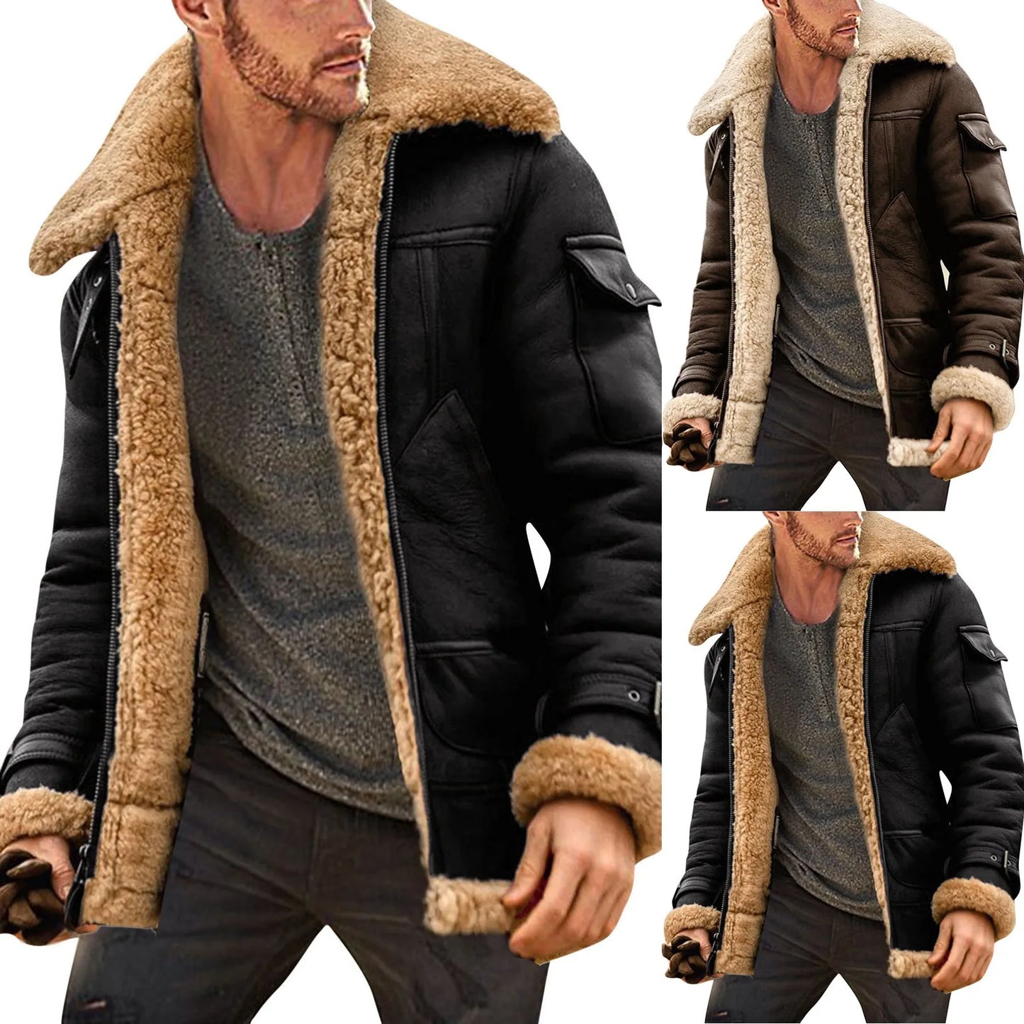 Men's Faux Suede Sherpa Lined Zip Jacket with Turn Down Collar for Rugged Casual Style