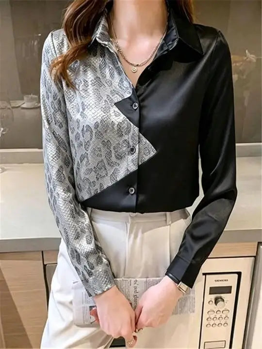 Dynamic Leopard Print and Solid Black Spliced Button-Down Blouse