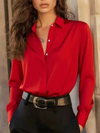 Elegant Navy Blue Button-Down Blouse with Polished Finish and Classic Collar