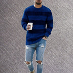 Men's Relaxed Fit Striped Flat Knit Crew Neck Streetwear Sweater Pullover