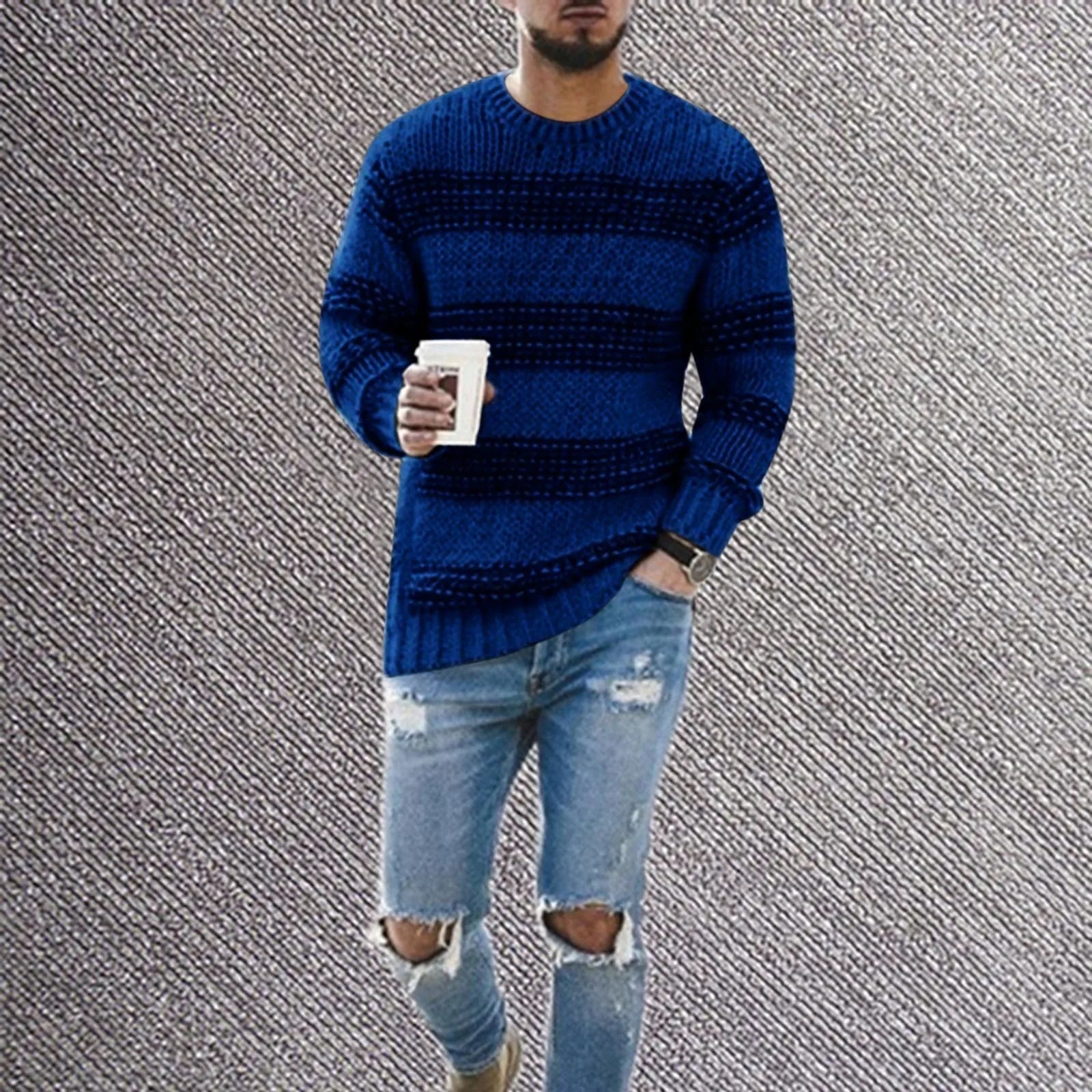 Men's Relaxed Fit Striped Flat Knit Crew Neck Streetwear Sweater Pullover