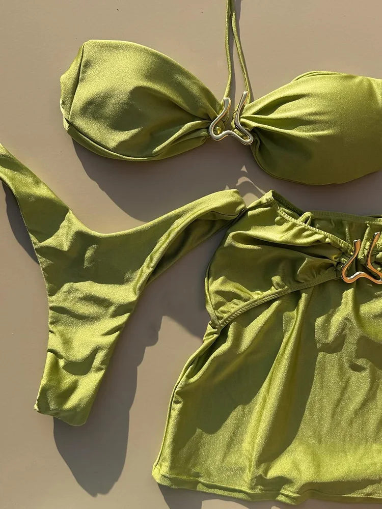 Solid Olive Green Bandeau Halter Bikini with Metallic Center Hardware