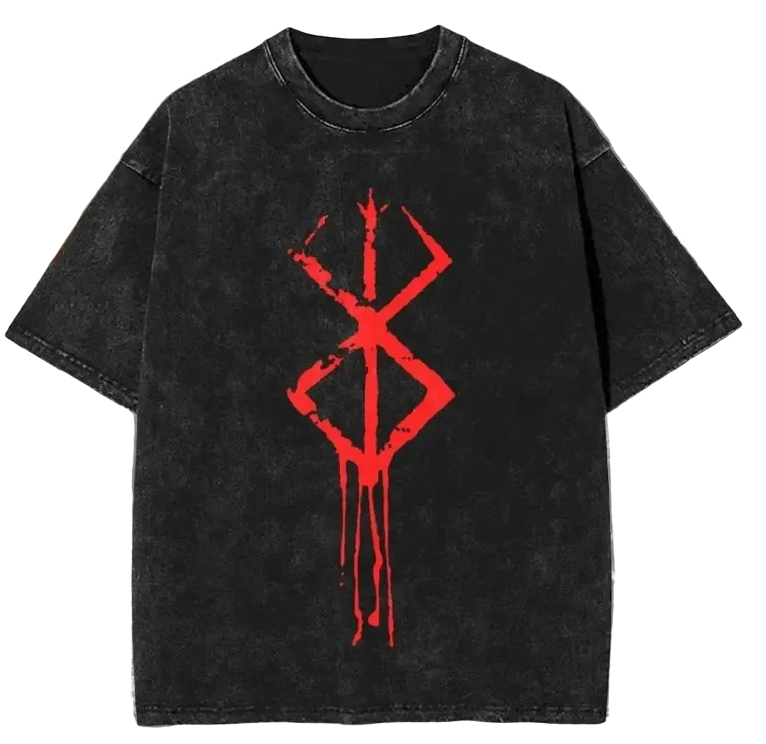 Anime Goth Minimalist Streetwear Tee with Distressed Dark Symbol Design