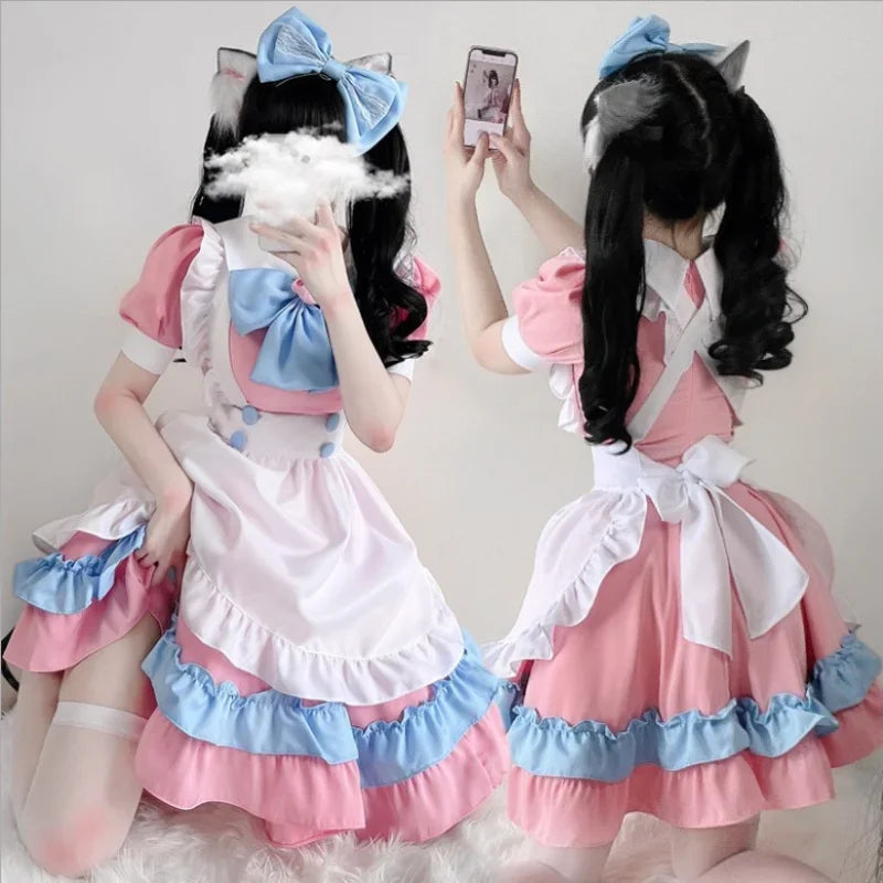 Women's Ruffle Maid-Inspired Dress with Layered Skirt, Apron and Matching Headpiece