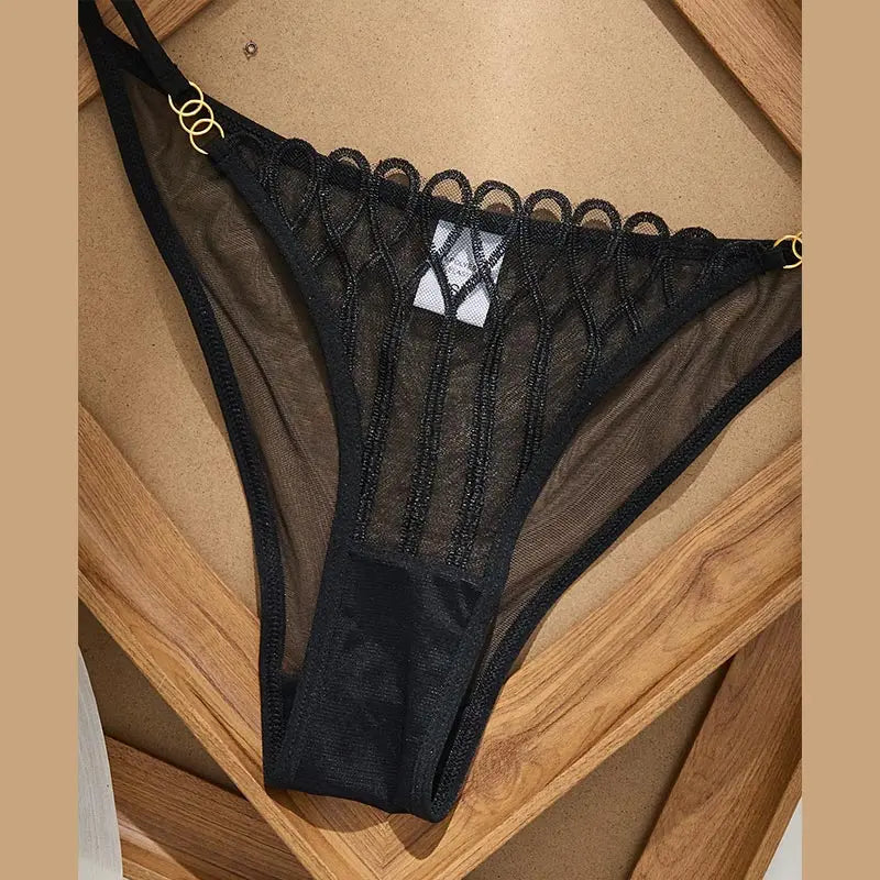 Structured Black Plunge Underwire Bra and Strappy Panty Set