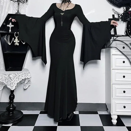 Elegant Gothic Mermaid Dress with Dramatic Sleeves and Dark Styling