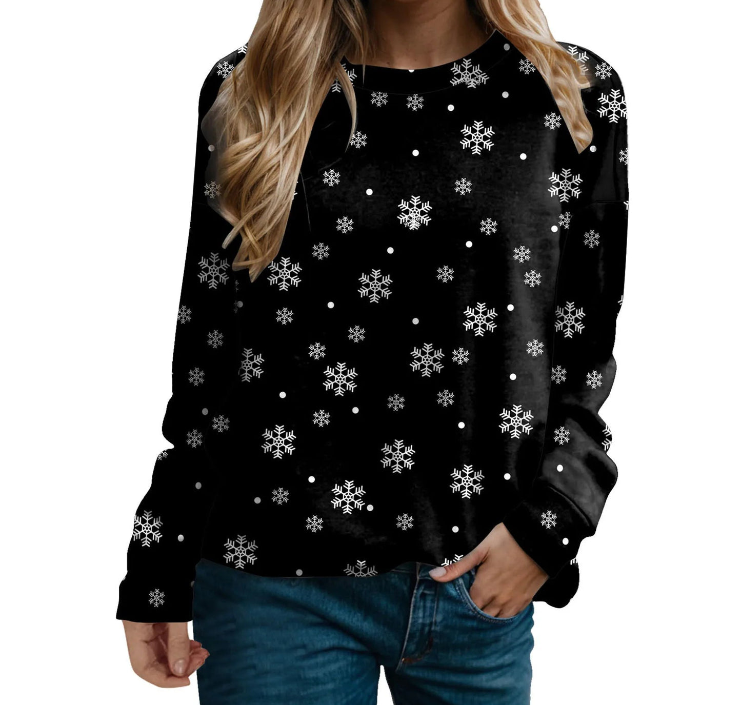 Women's Snowflake Pattern Crew Neck Sweatshirt for Cozy Seasonal Casual Everyday Style