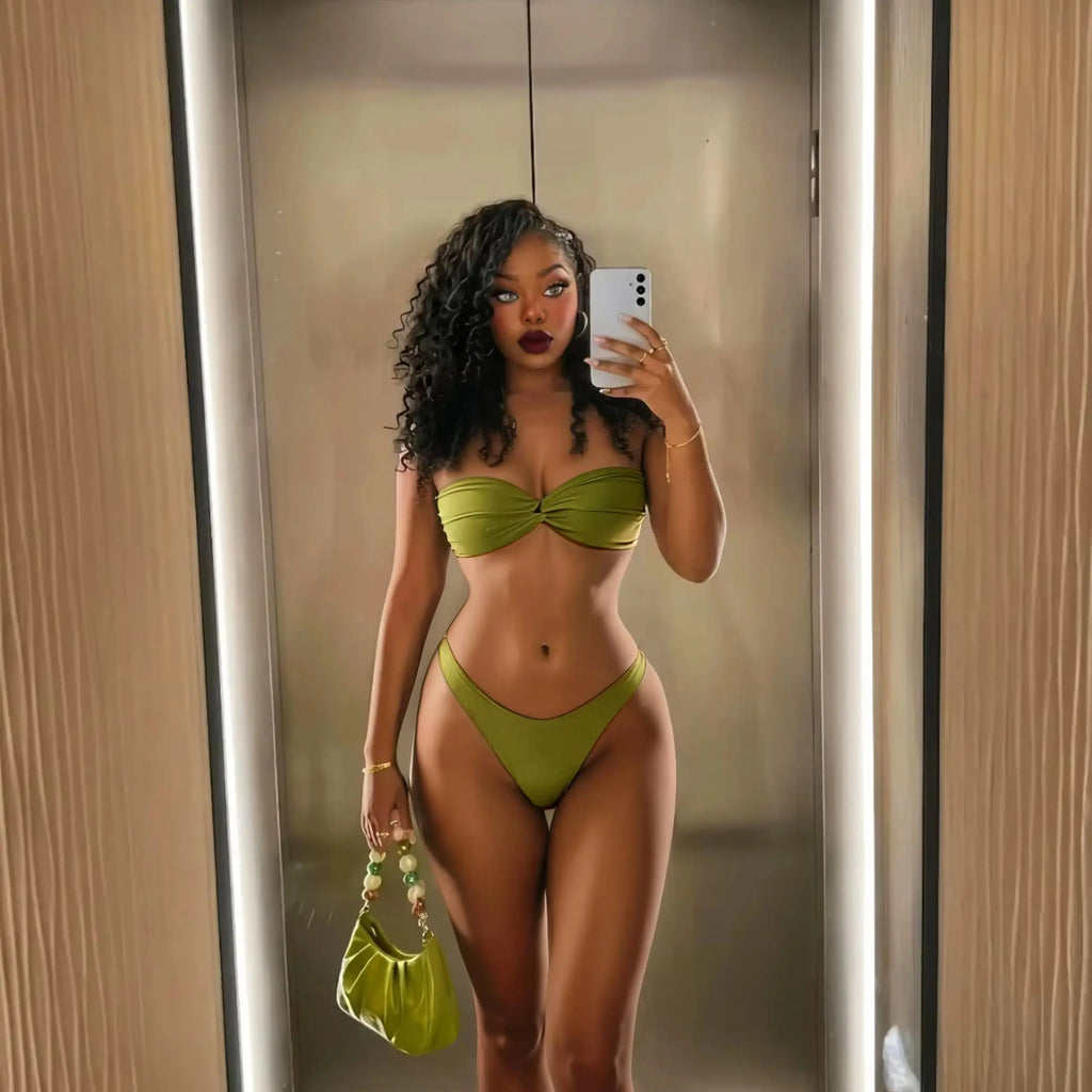 Solid Olive Green Bandeau Swim Set with Draped Maxi Skirt Cover-Up