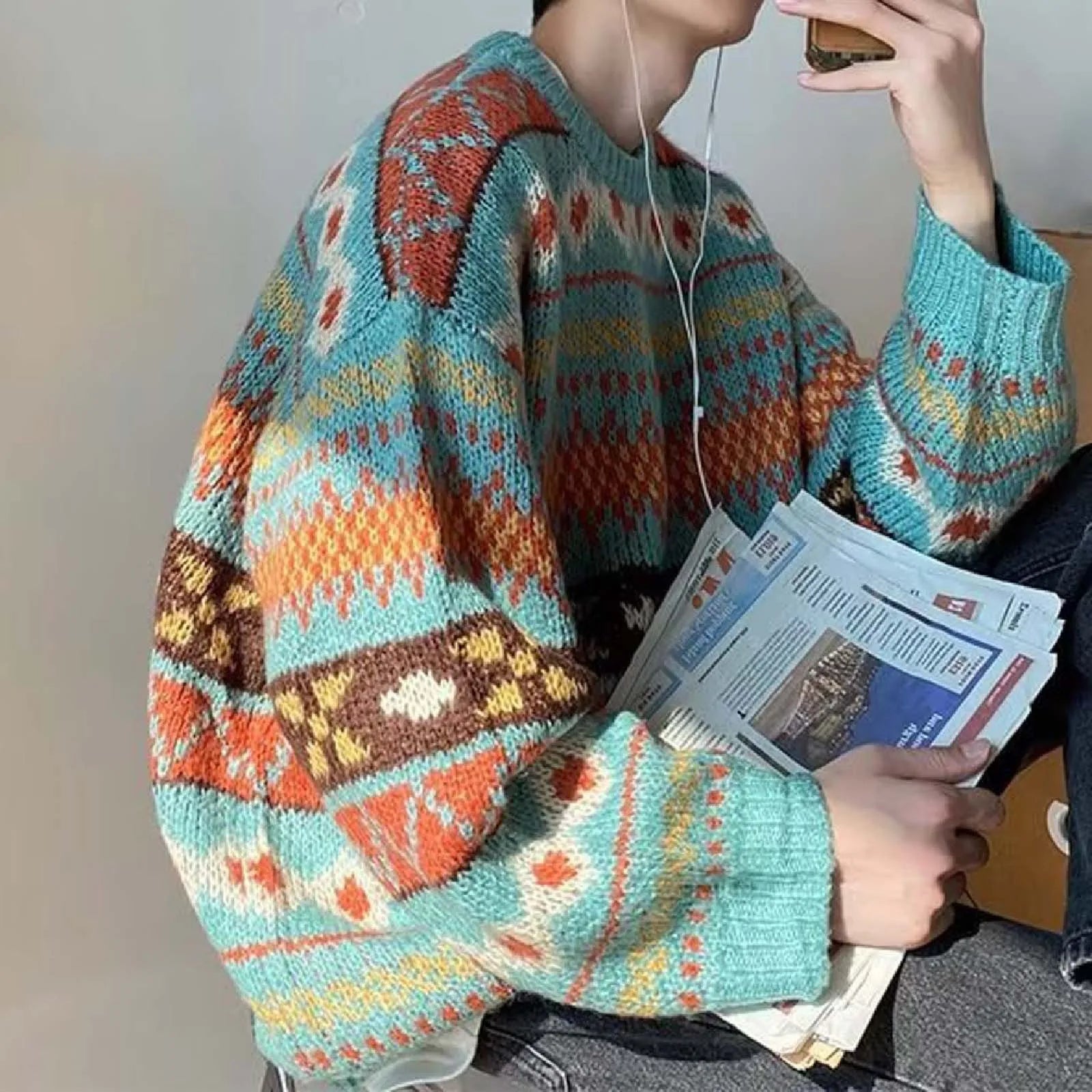 Men's Oversized Retro Pattern Knit Streetwear Pullover Sweater Casual Style