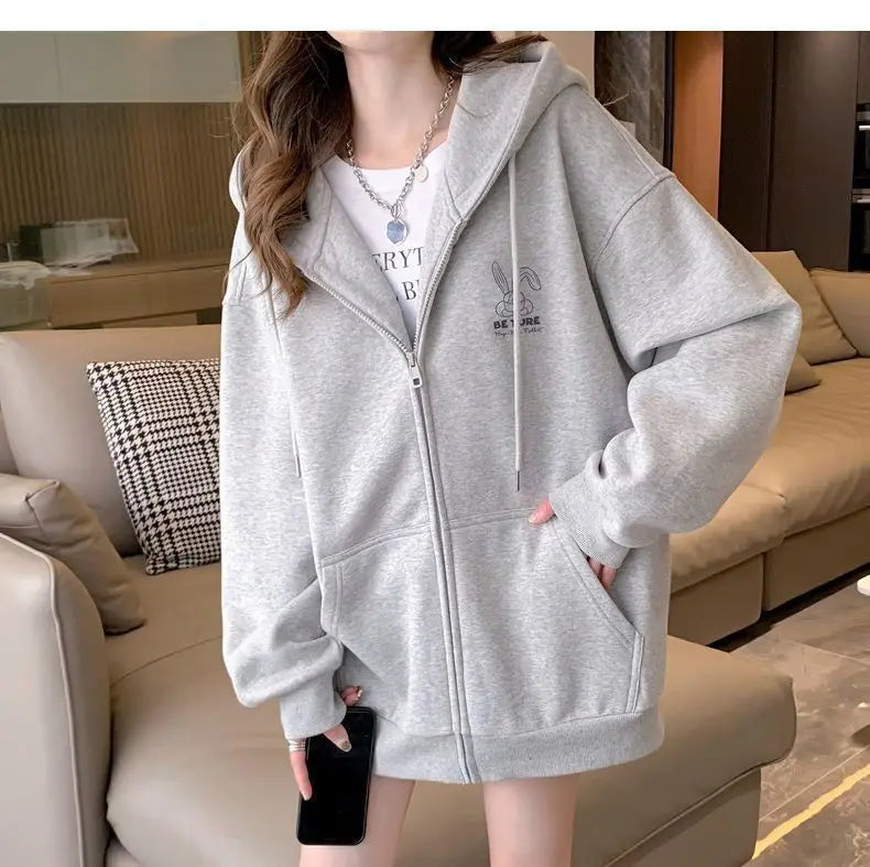Women's Oversized Zip-Up Hoodie with Minimal Typography Casual Streetwear Layering Style