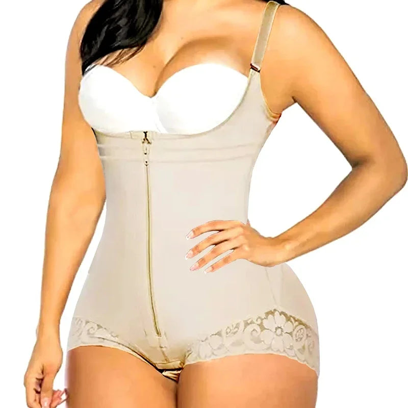 Open-Bust Zip-Front Mid-Thigh Shaping Bodysuit with Adjustable Straps