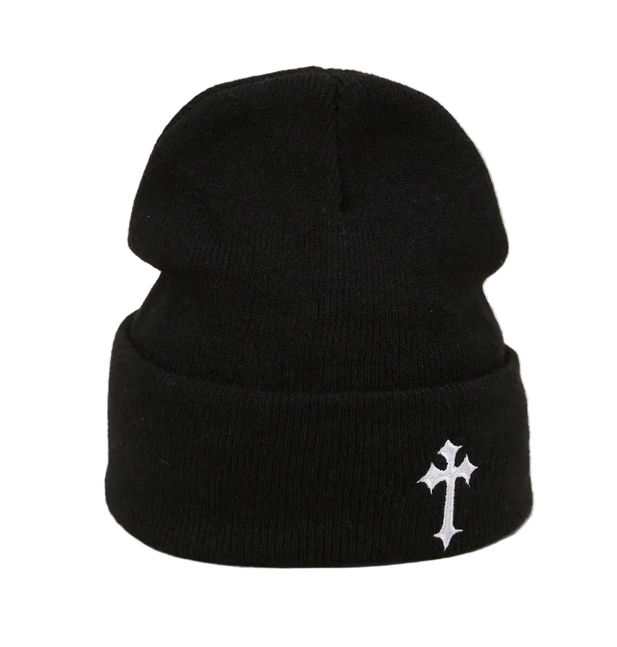 Minimalist Embroidered Cross Acrylic Knit Beanie for Modern Streetwear Winter Casual Fashion Style