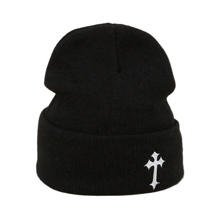 Minimalist Embroidered Cross Acrylic Knit Beanie for Modern Streetwear Winter Casual Fashion Style