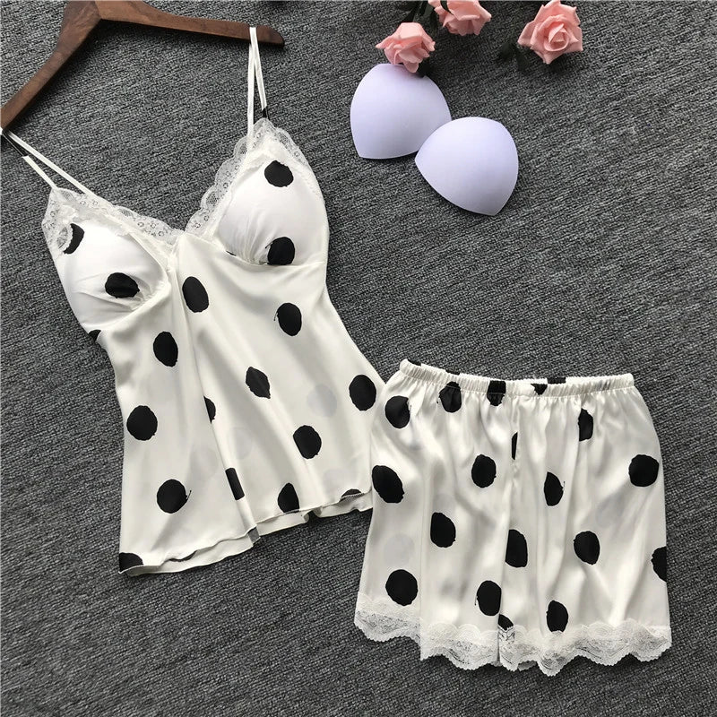 Classic Monochrome Polka Dot Camisole Sleep Set with Scalloped Lace Edge