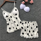 Classic Monochrome Polka Dot Camisole Sleep Set with Scalloped Lace Edge
