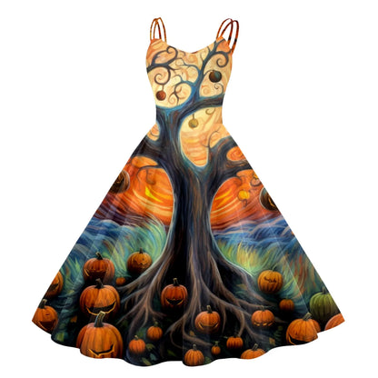 Whimsical Gothic Halloween Inspired Flare Dress with Vintage Charm