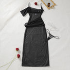 Elegant Black Sheer Asymmetric Maxi Nightgown with 3D Rose Detailing and Matching Thong