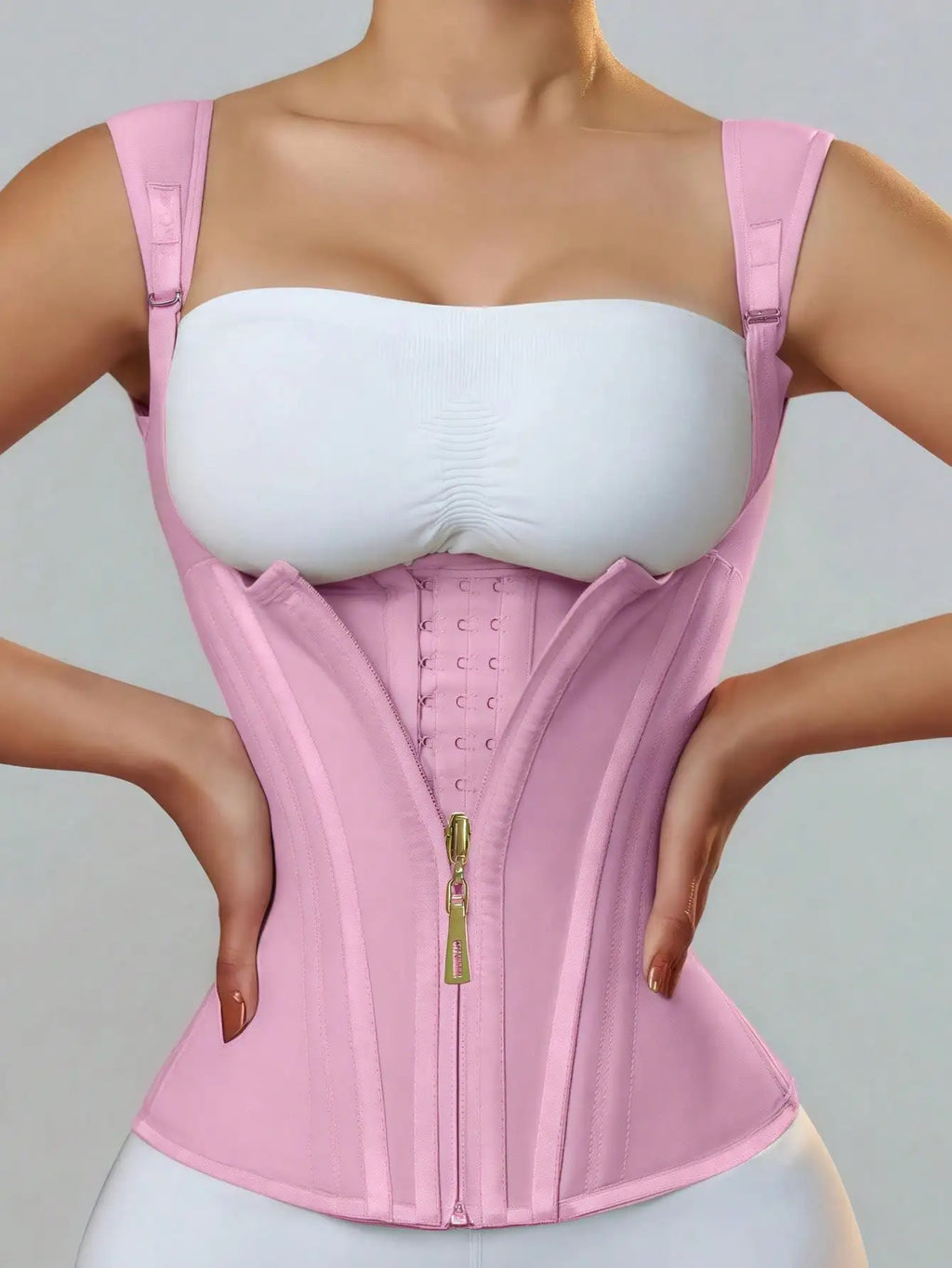 Structured Latex Underbust Waist Cincher with Front Zipper and Straps