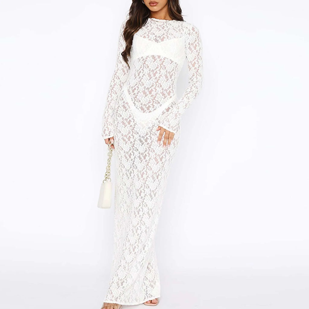 Sheer Lace Bodycon Maxi Dress with Long Sleeves and Openwork Details