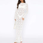 Sheer Lace Bodycon Maxi Dress with Long Sleeves and Openwork Details