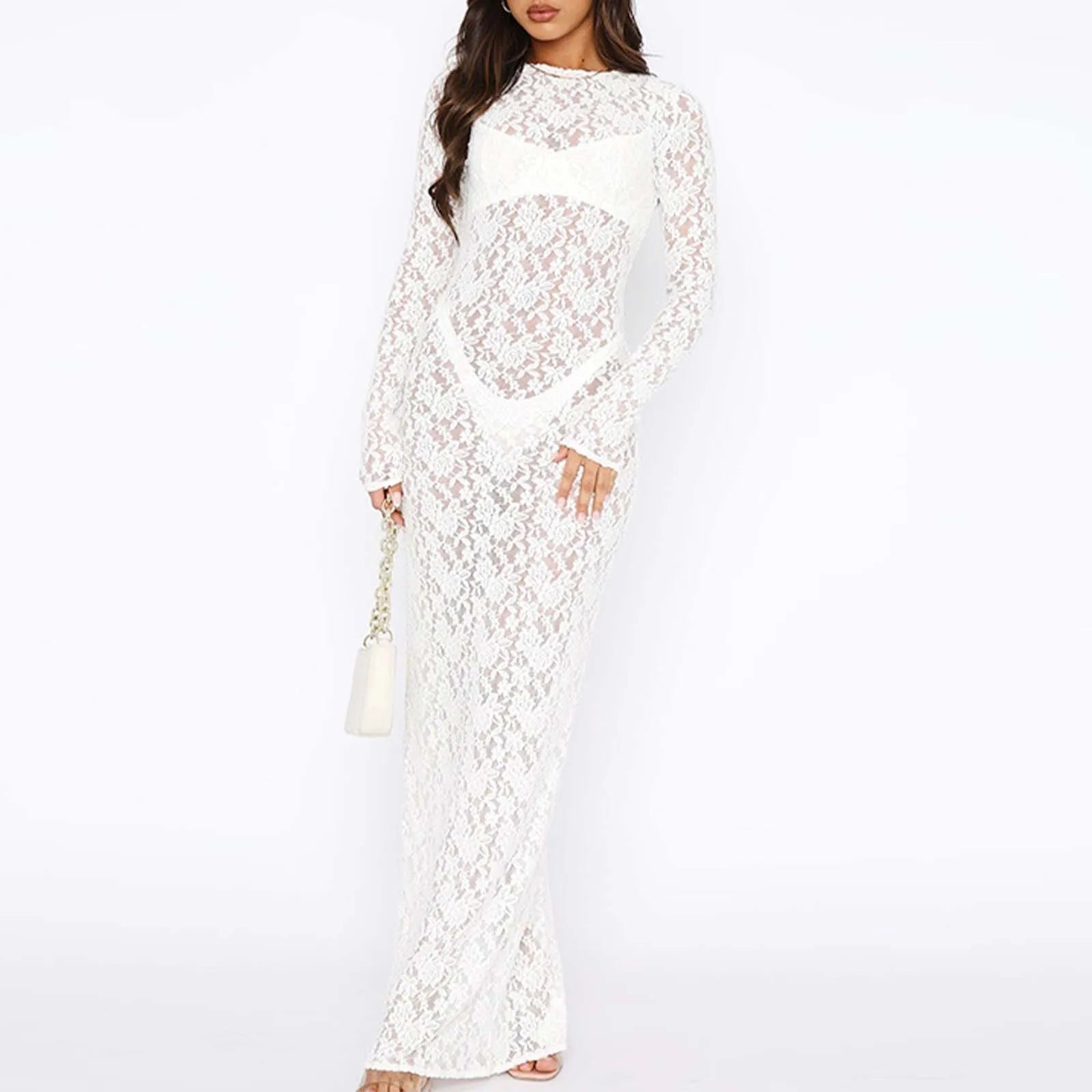 Sheer Lace Bodycon Maxi Dress with Long Sleeves and Openwork Details