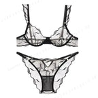 Sheer Mesh Unlined Underwire Bra and Panty Set with Botanical Leaf Embroidery