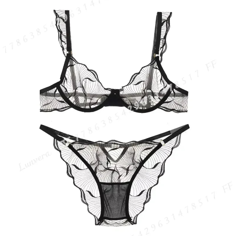 Sheer Mesh Unlined Underwire Bra and Panty Set with Botanical Leaf Embroidery