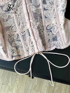 Romantic Light Pink Sheer Lace Strapless Corset with Floral Embroidery and Tie Detailing