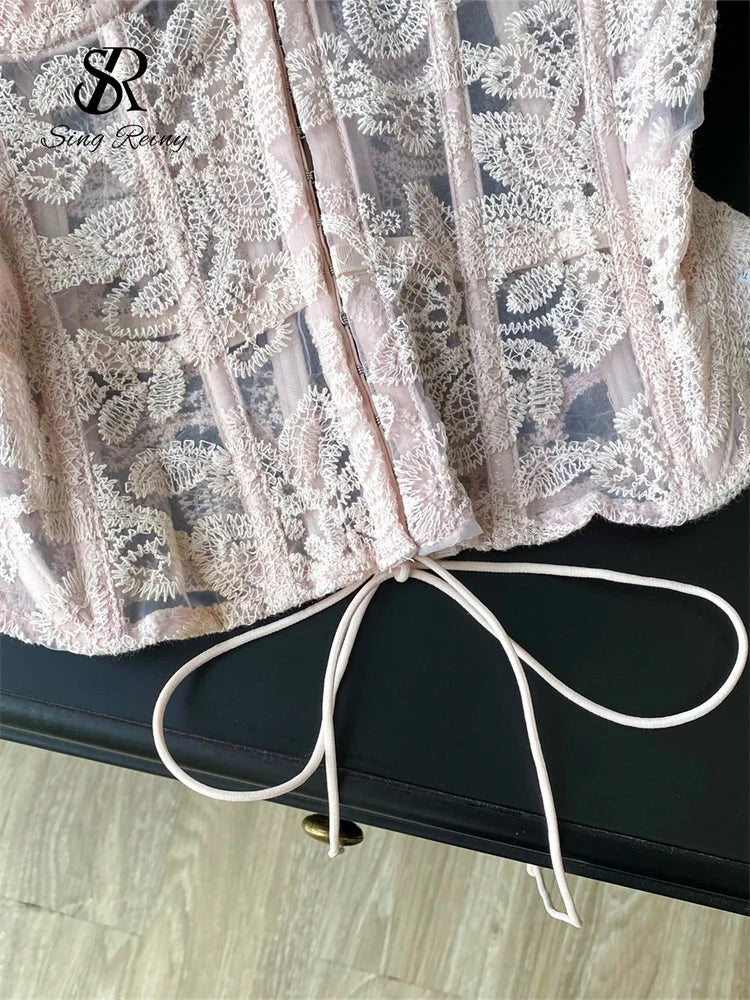 Romantic Light Pink Sheer Lace Strapless Corset with Floral Embroidery and Tie Detailing