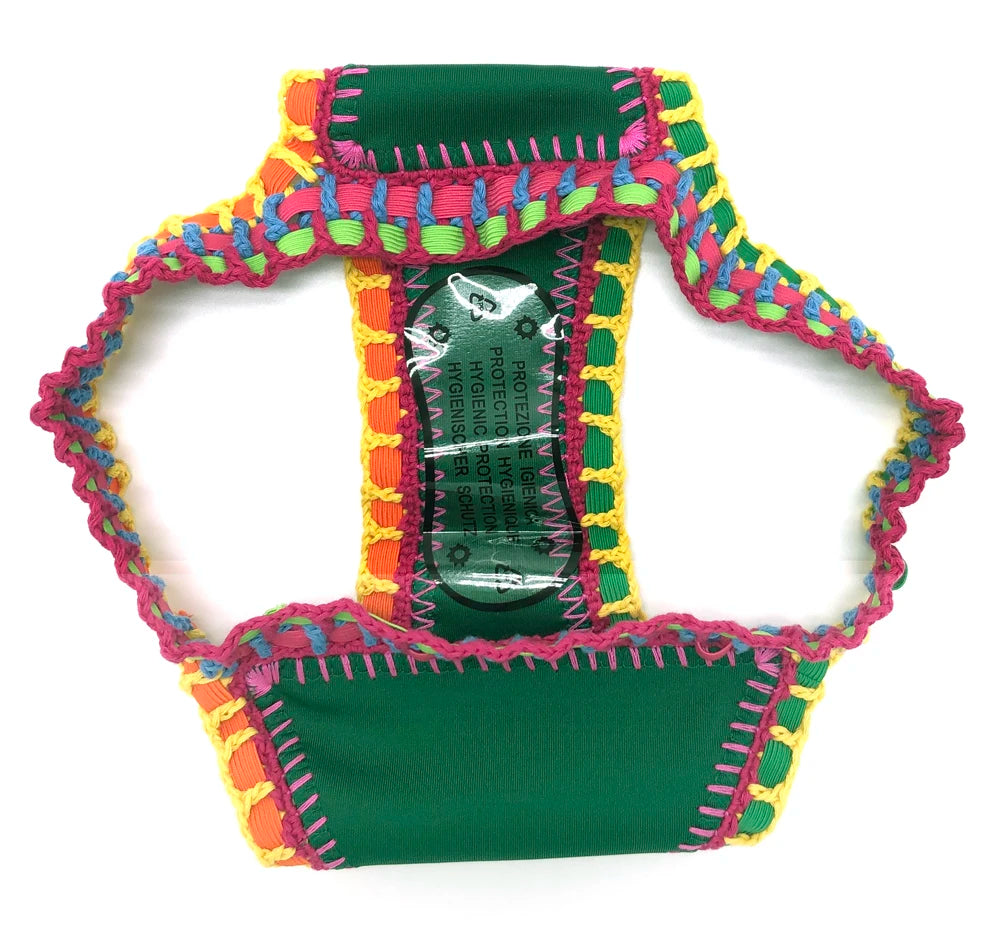 Deep Emerald Green Crochet Bikini Set with Multi-Color Woven Edging