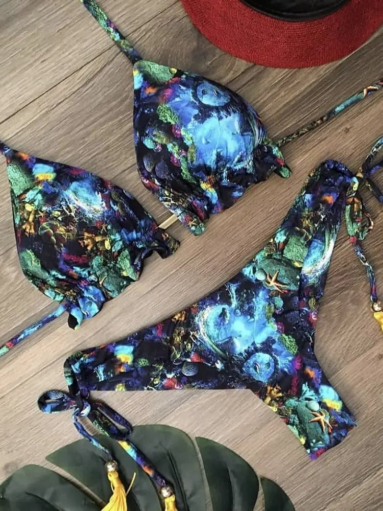 Tropical Palm Print Triangle Bikini Set with Twisted Rope Strap Details