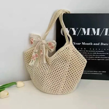 Open Knit Tote Shoulder Bag with Large Capacity Casual Design