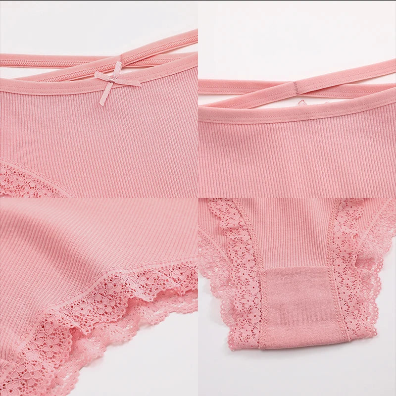 7-Piece Women’s Cotton Mid-Rise Briefs Set with Delicate Lace Edging, Cross-Back Detail and Assorted Feminine Colors